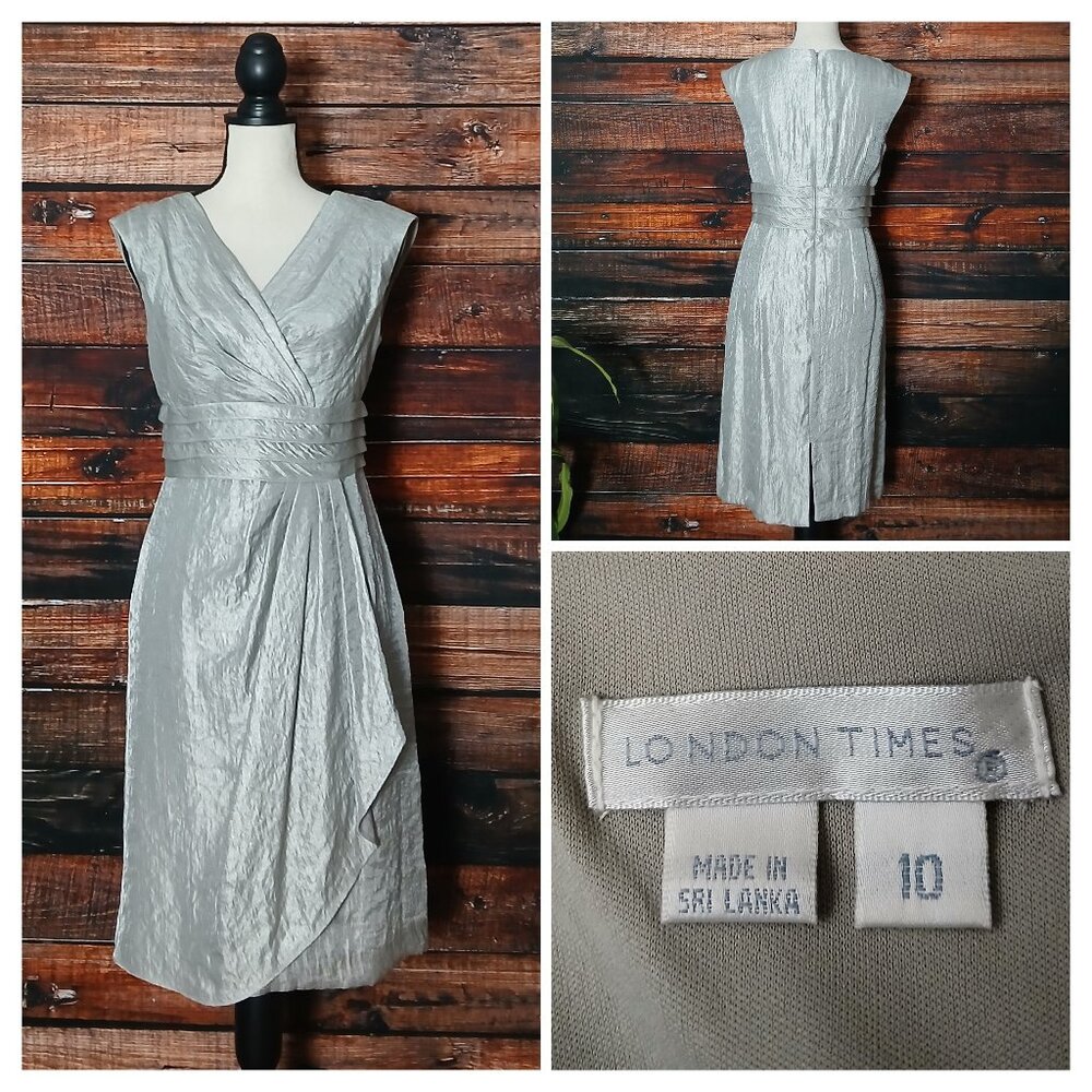 London Times Dress 10 Metallic Silver Faux Wrap Pleated Zip Back Lined